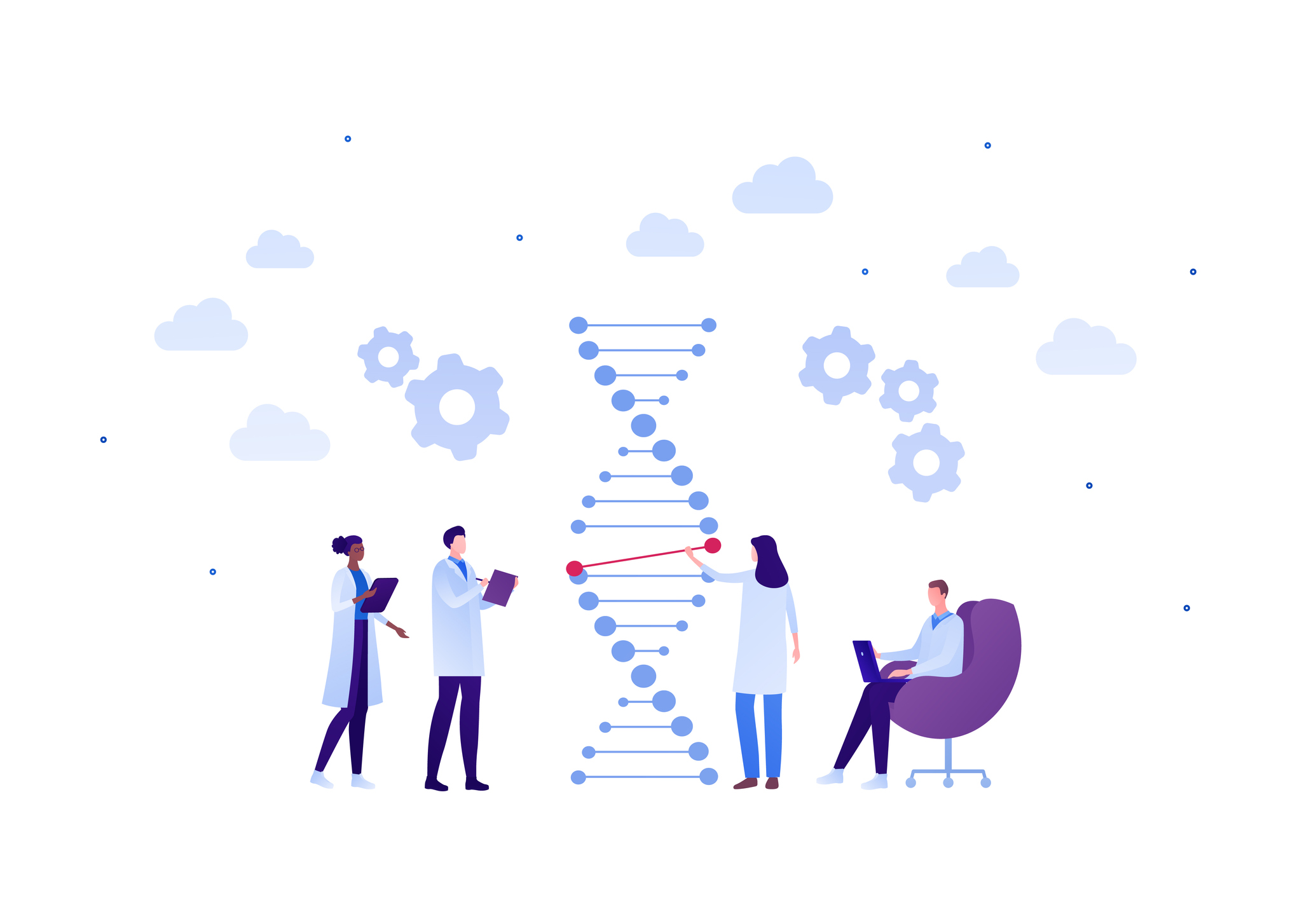 Science genetic laboratory and gene editing concept. Vector flat person illustration. Multiethnic male and female scientist with dna sign. Text book and laptop. Design for medicine banner